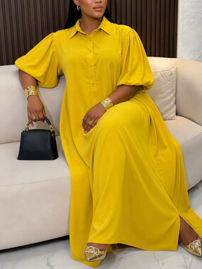 African Fashion Elegant Solid Color Lapel Plus Size Loose Long Dress